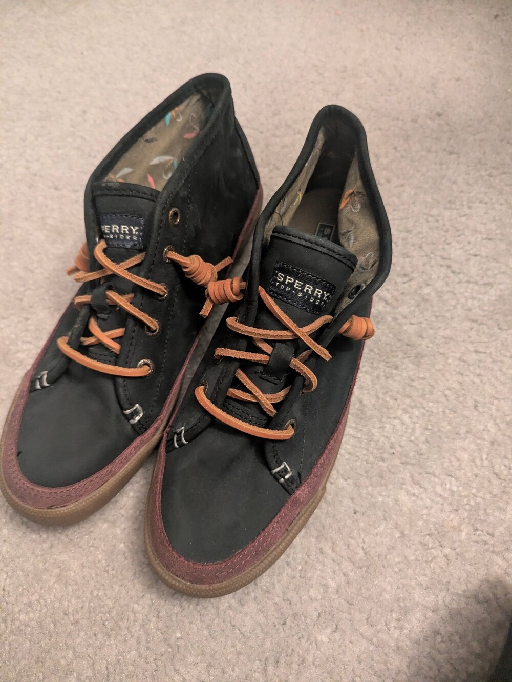 Sperry Black Canvas Boat Shoes with Tan Laces and Burgundy Trim (9)